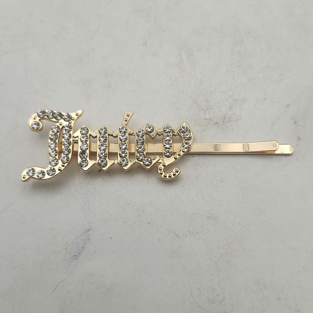 Juicy Rhinestone Hair Clip Gold Tone Gothic Script Barrette Bobby Pin Accessory
